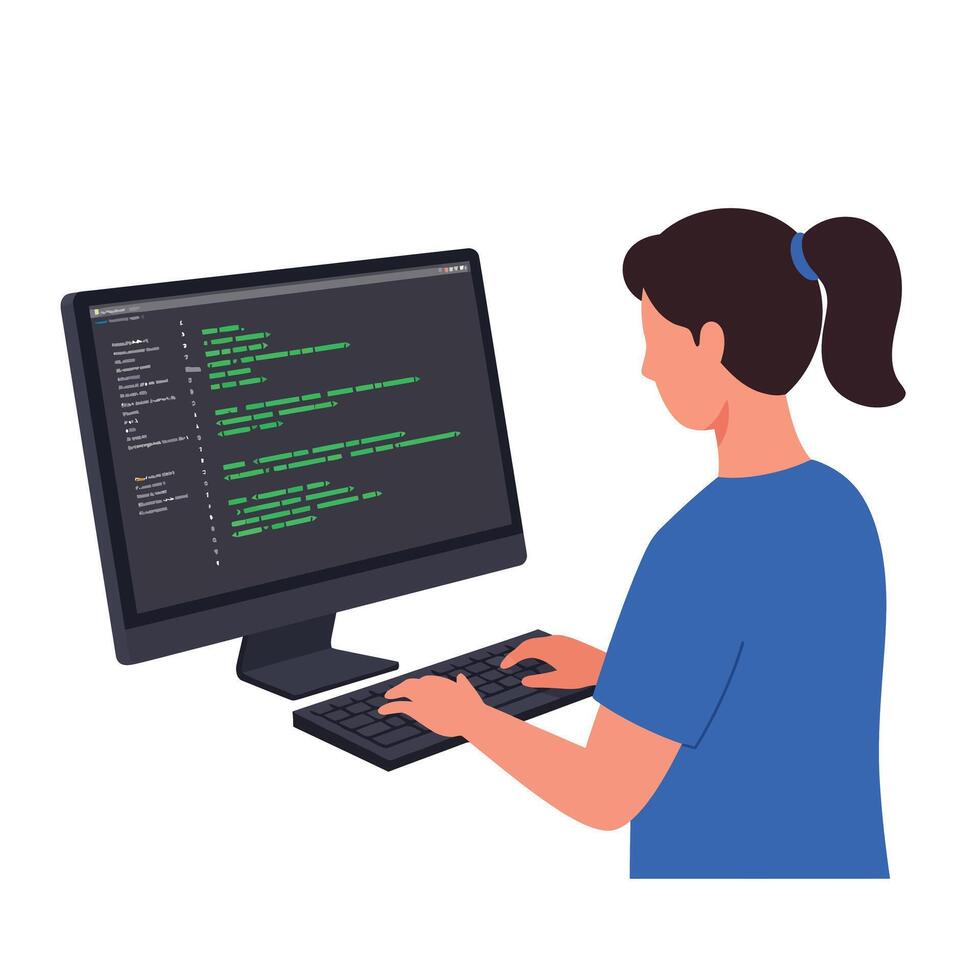 Person coding at a computer in a flat art style illustration vector