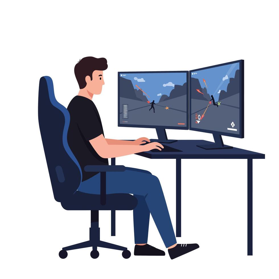 Gamer working on dual monitors in a modern workspace flat illustration vector