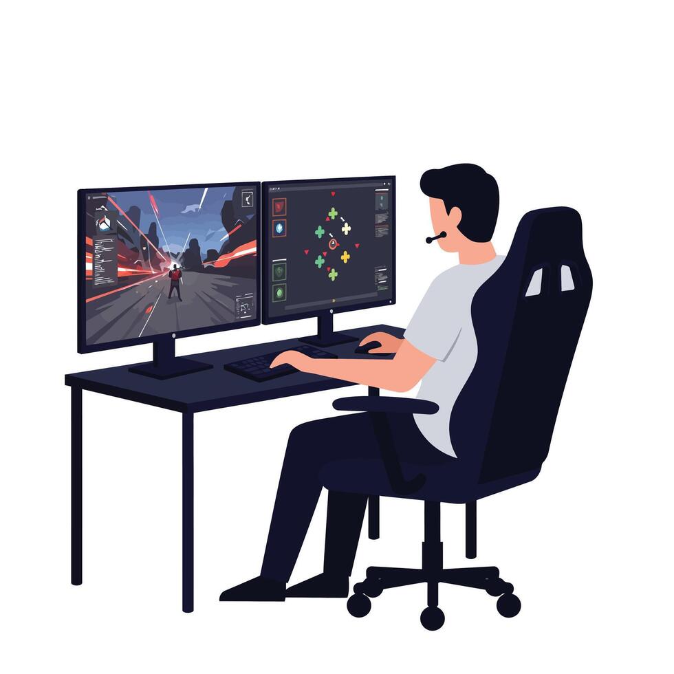 Gamer focused on dual monitors in flat design art vector