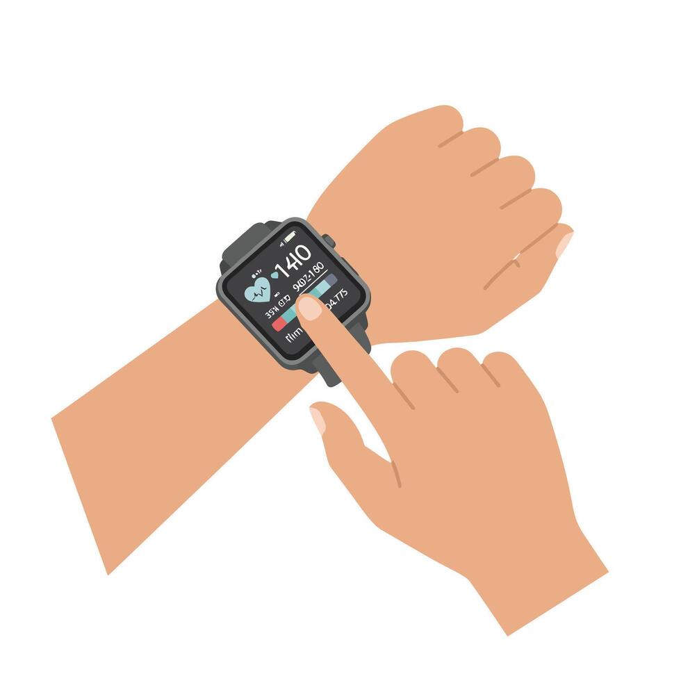 Hand interacting with smartwatch display in flat art style illustration vector