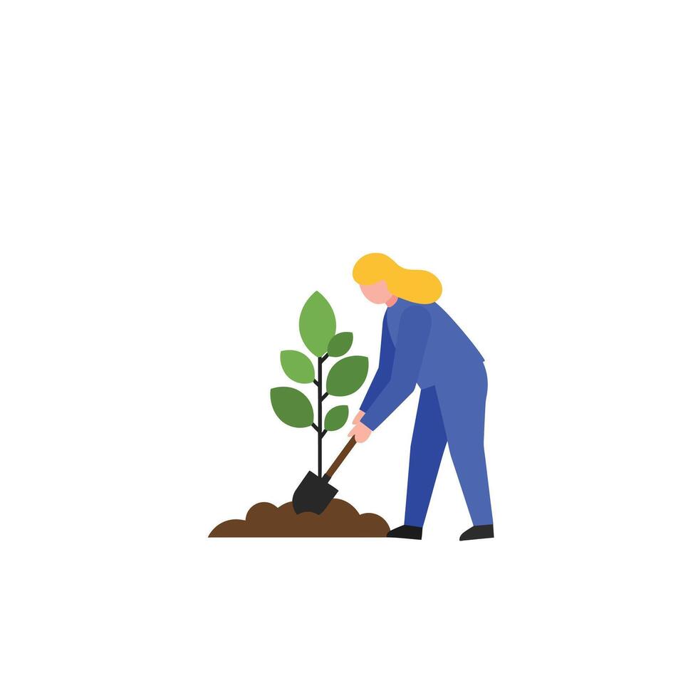 Woman planting a young tree in soil with minimal design style illustration vector