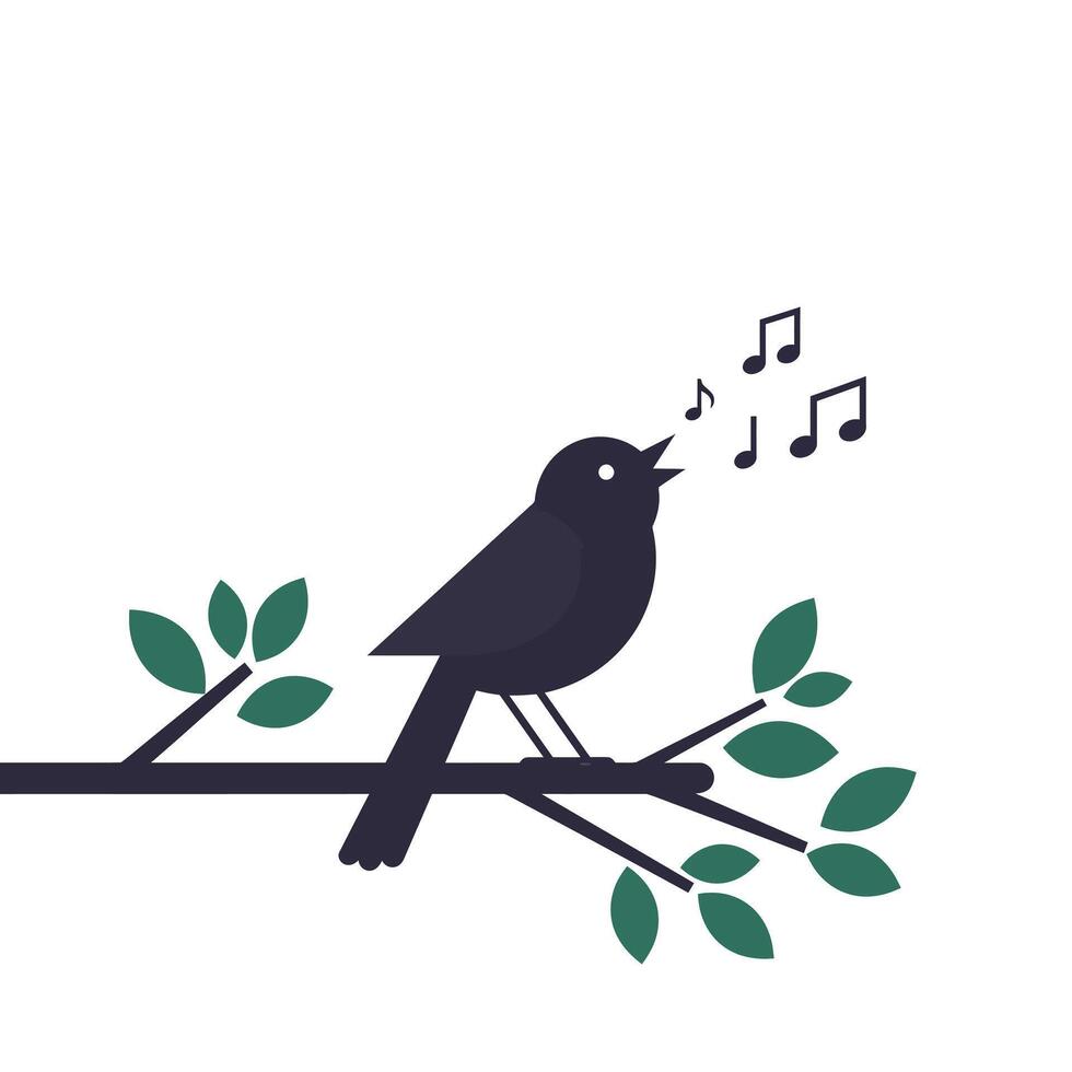 Singing black bird perched on branch in minimal art vector