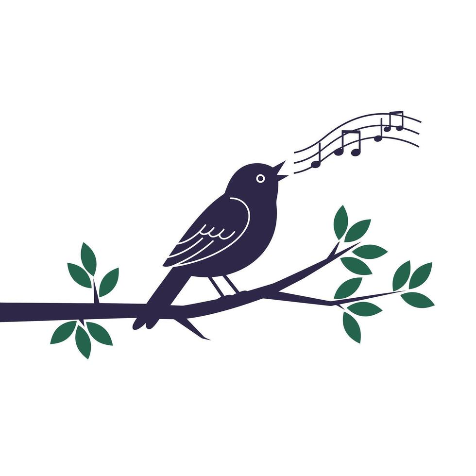 Singing bird perched on branch with musical notes in flat art vector