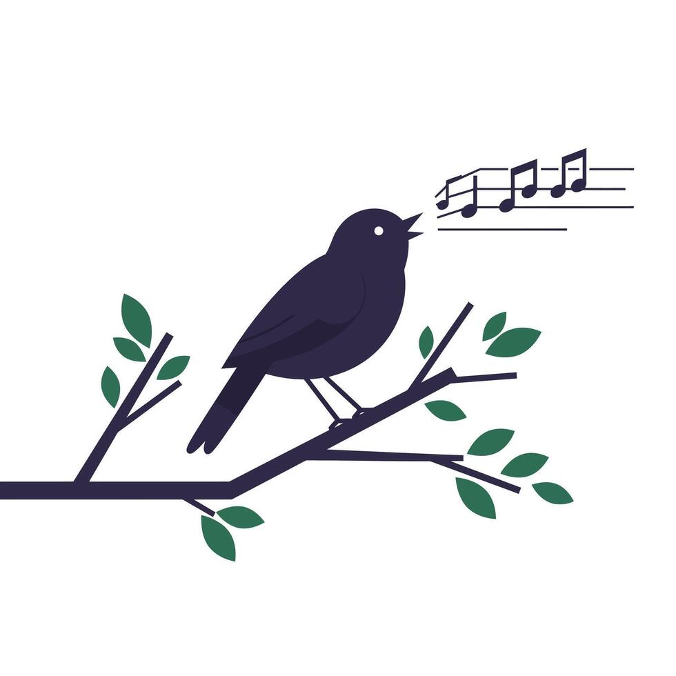 Bird singing on a branch with musical notes in flat art vector