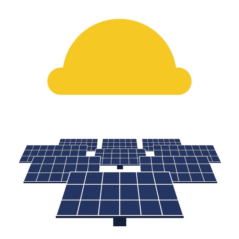 Solar panel installation with vibrant yellow sun in flat art vector