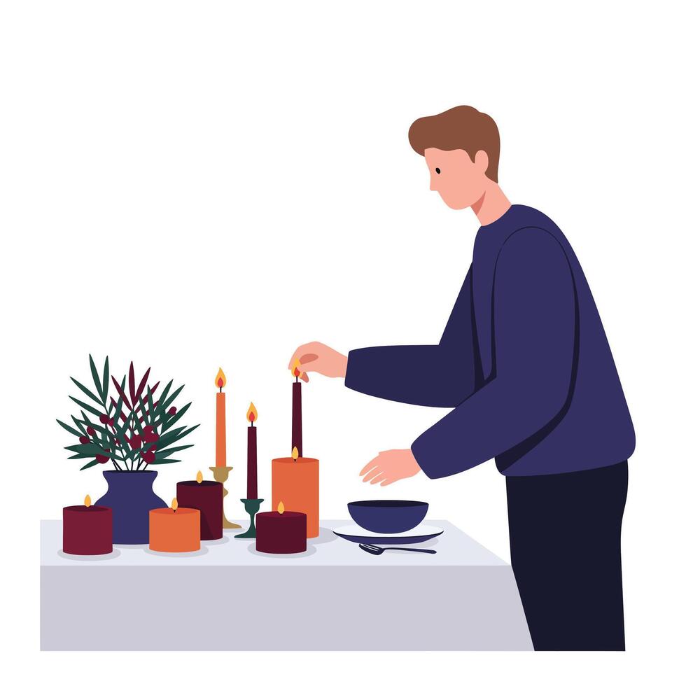 Person arranging decorative candles and flowers in a minimal flat art vector