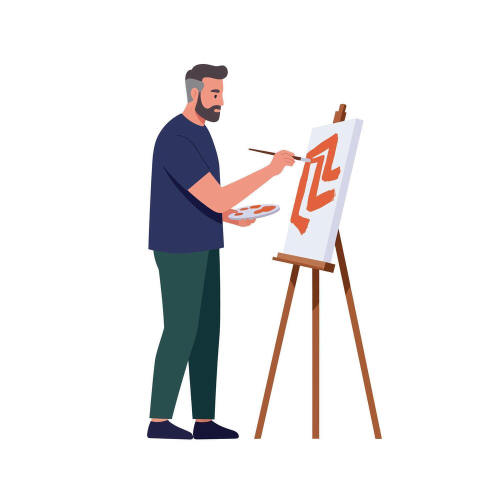 Artist painting abstract shapes on canvas in flat illustration vector
