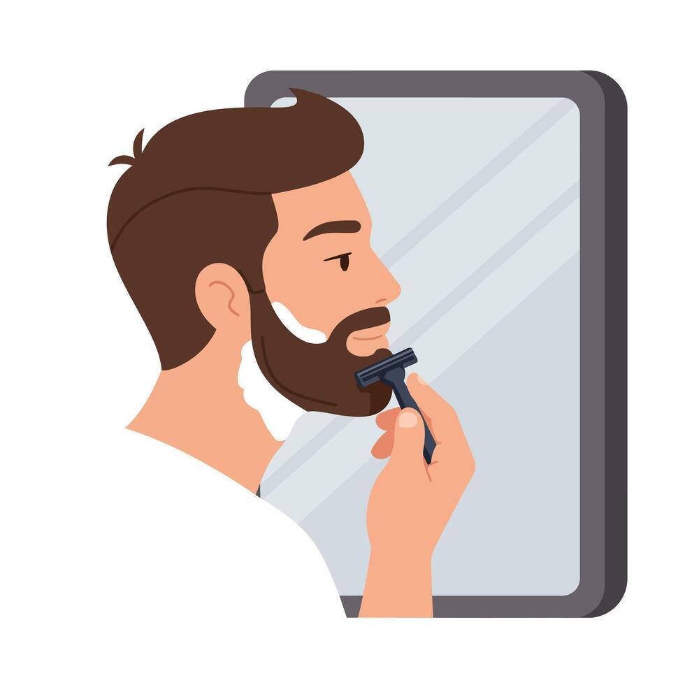 Man shaving in front of mirror using flat art style illustration vector