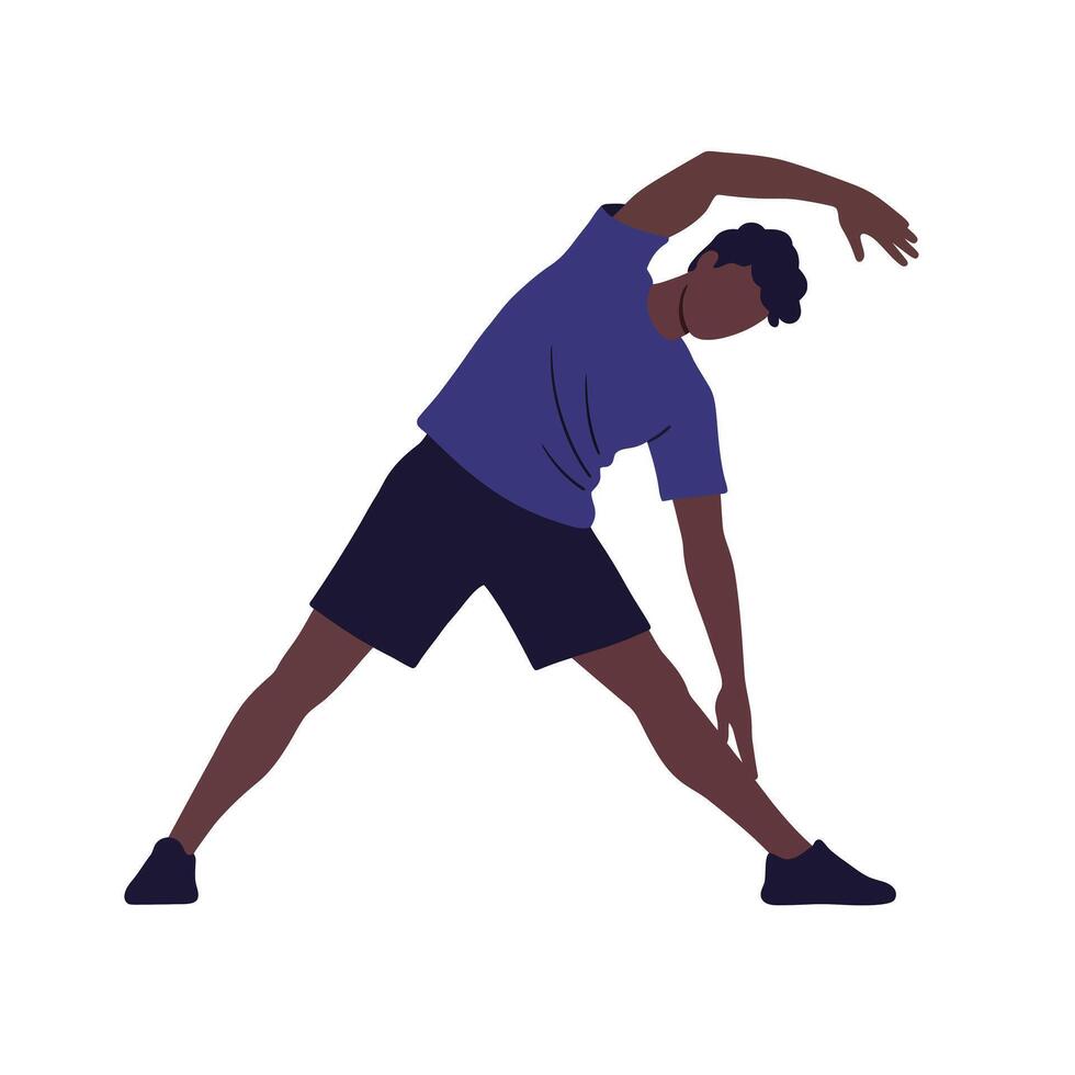 Male fitness athlete stretching in a dynamic pose flat art vector