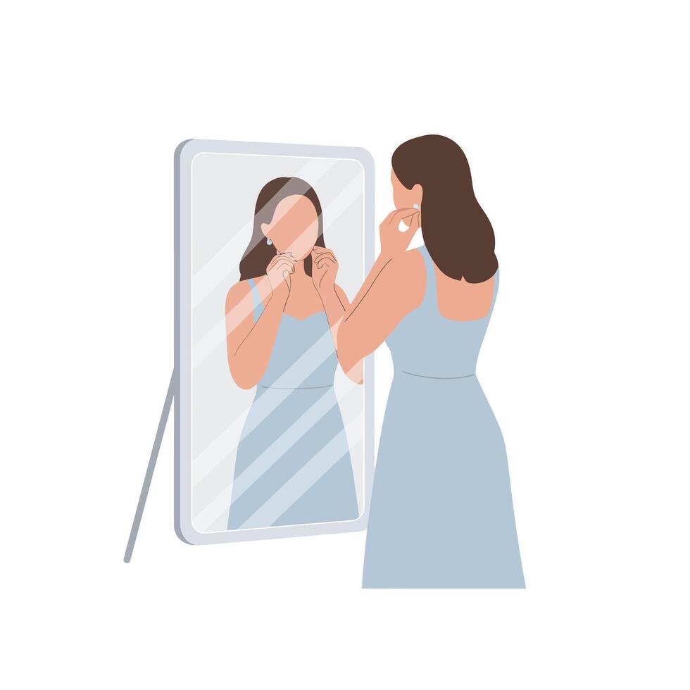 Woman applying earrings in front of a mirror in flat art vector