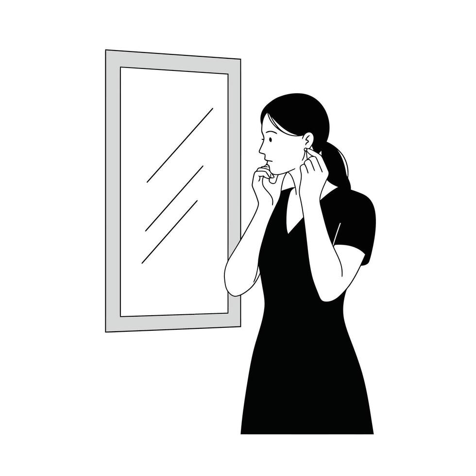 Woman adjusting earrings while looking in a minimal flat art mirror illustration vector