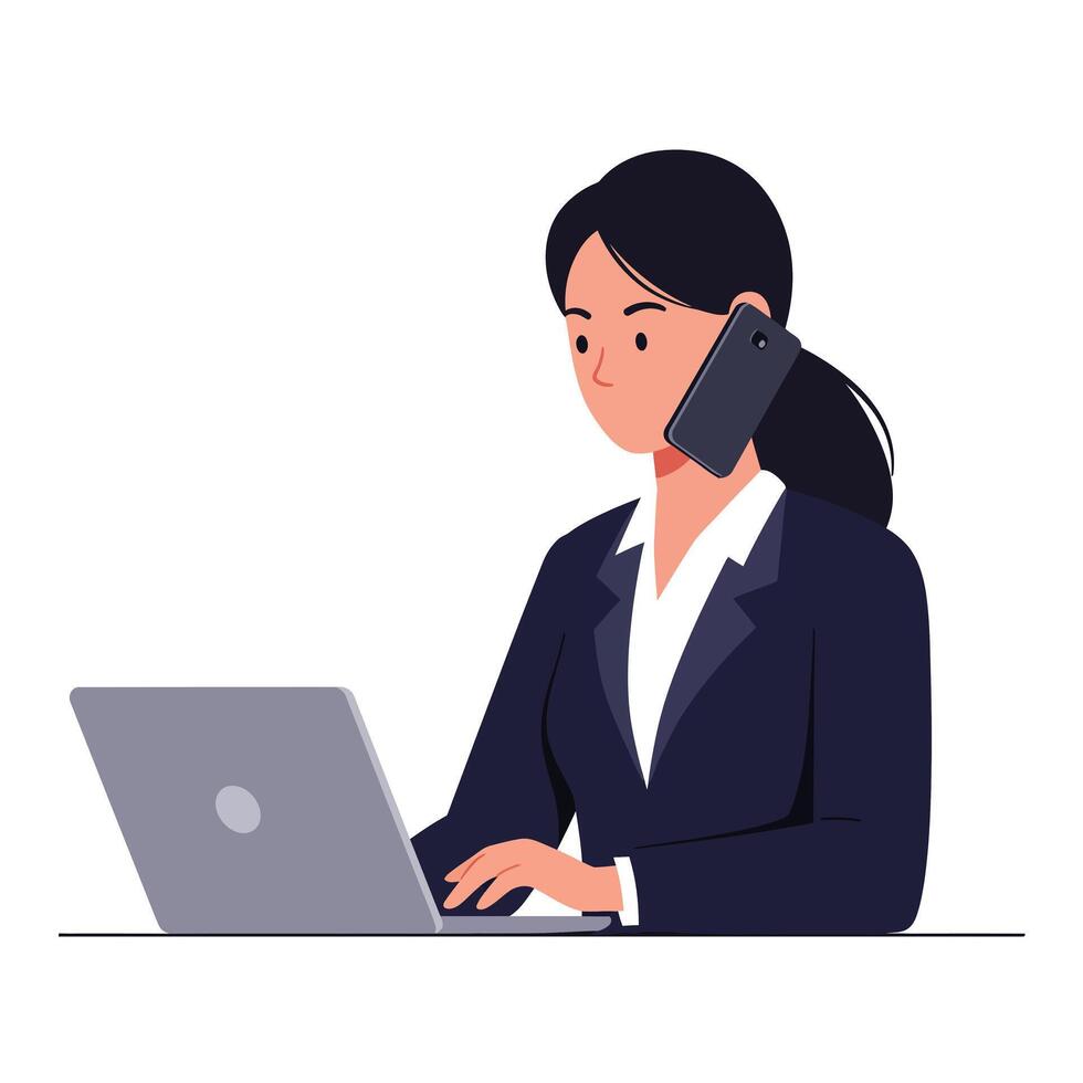 Professional woman using laptop and phone in flat illustration vector