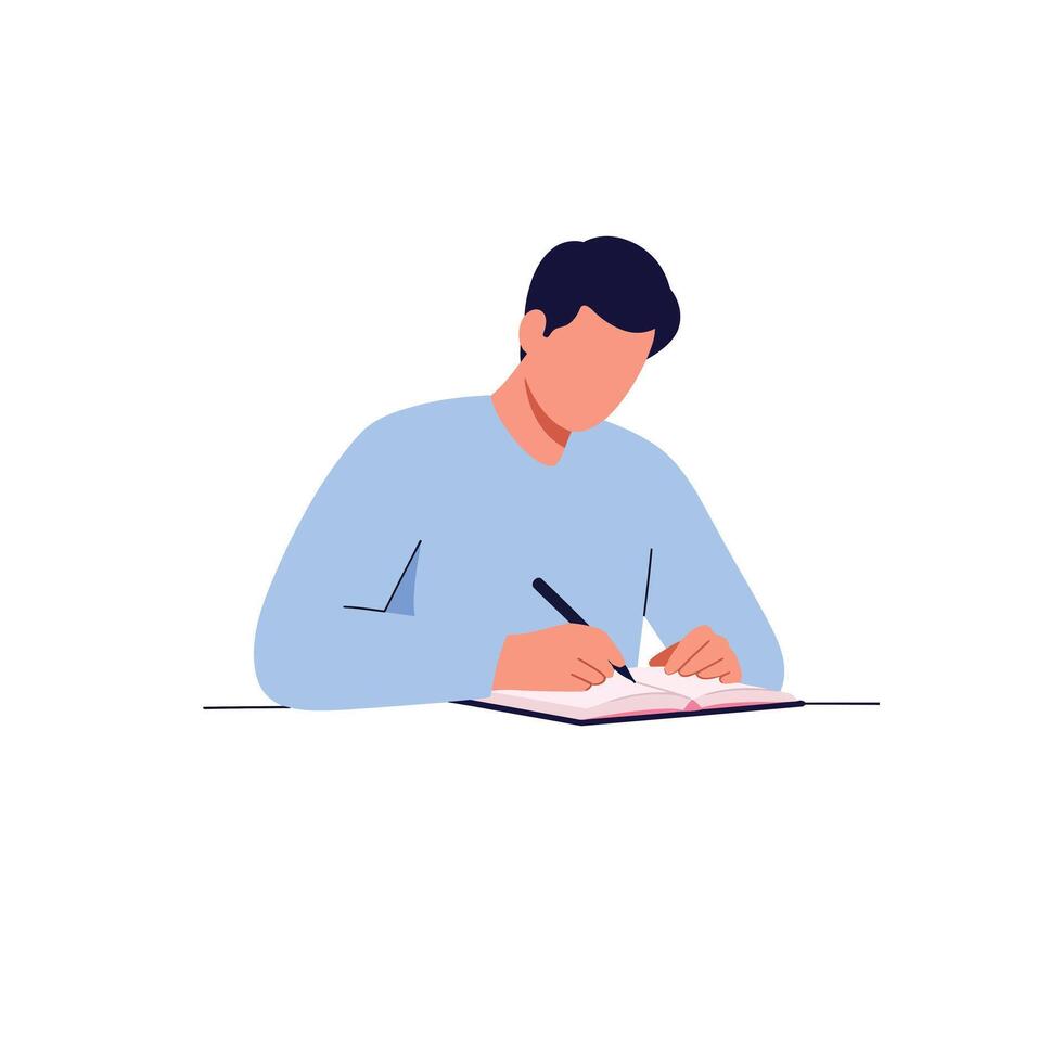 Person writing in a notebook with a minimal flat design art vector