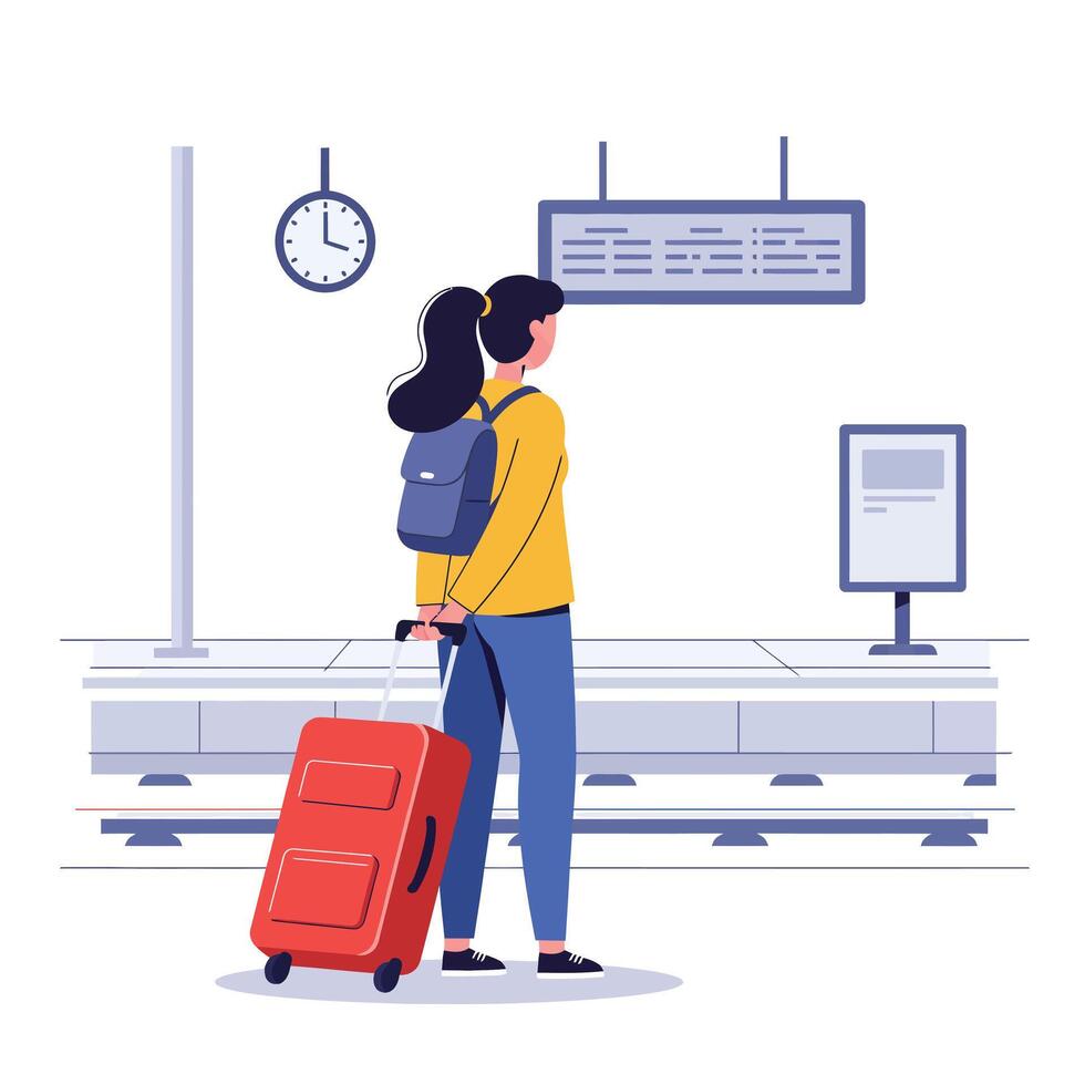 Person waiting at train station with suitcase in flat art vector