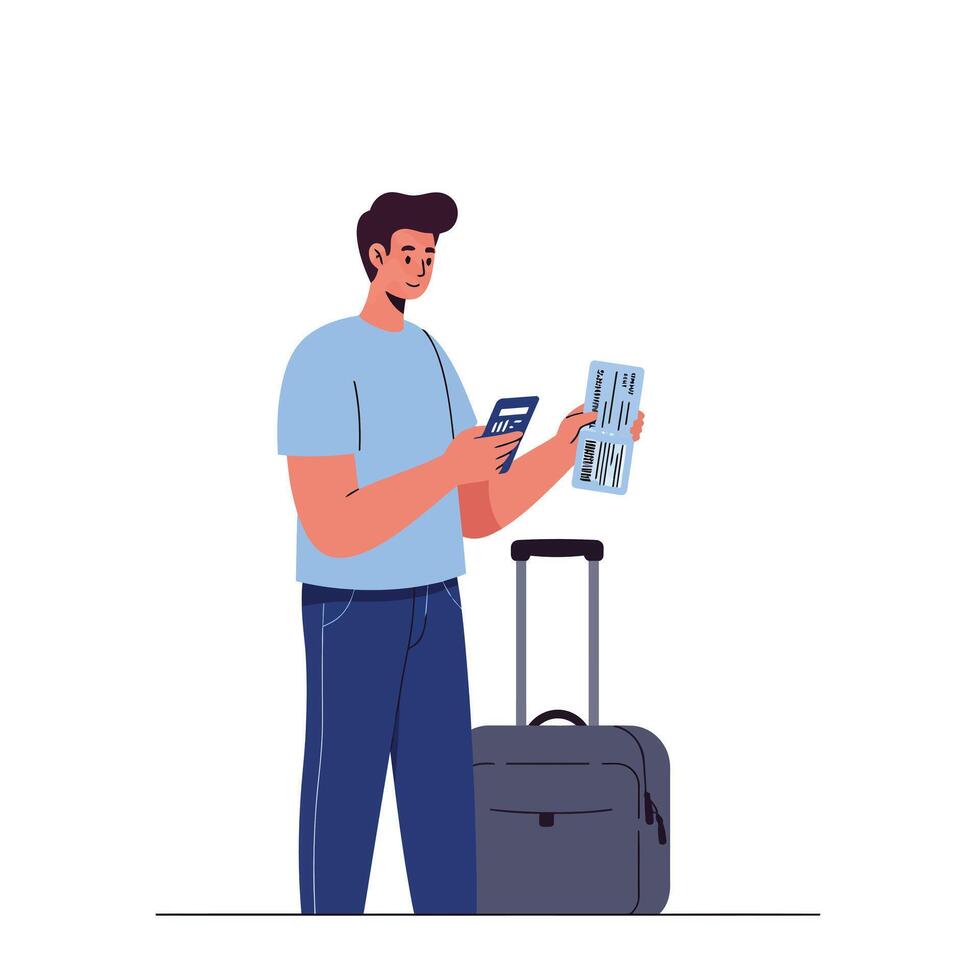 Man holding travel documents and smartphone in flat art vector
