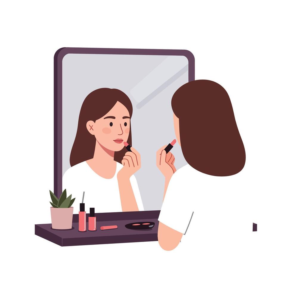 Woman applying lipstick in front of mirror with flat art style illustration vector