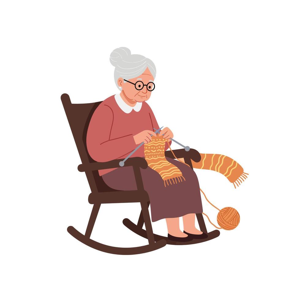 Elderly woman knitting in a rocking chair with minimal style art vector