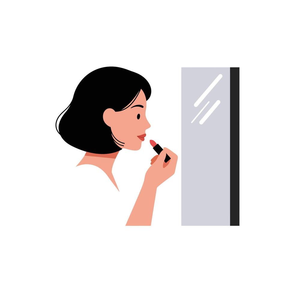 A Woman applying lipstick in front of a mirror in flat art vector