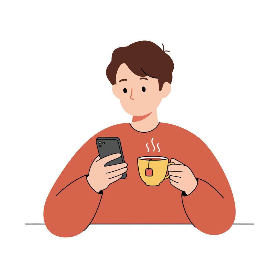 Person enjoying tea while looking at smartphone in flat art vector