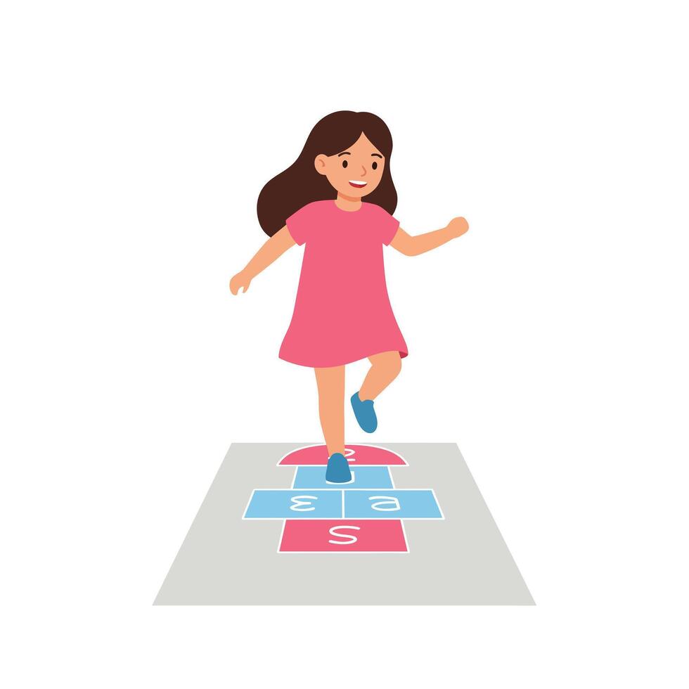 Girl playing hopscotch in a playful scene with flat design art vector