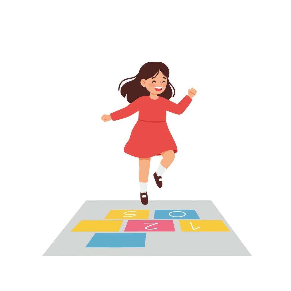 Girl jumping happily on colorful hopscotch in flat art vector
