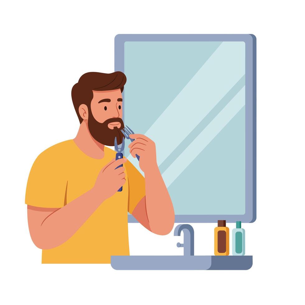 Man grooming beard in front of a mirror using modern flat art vector