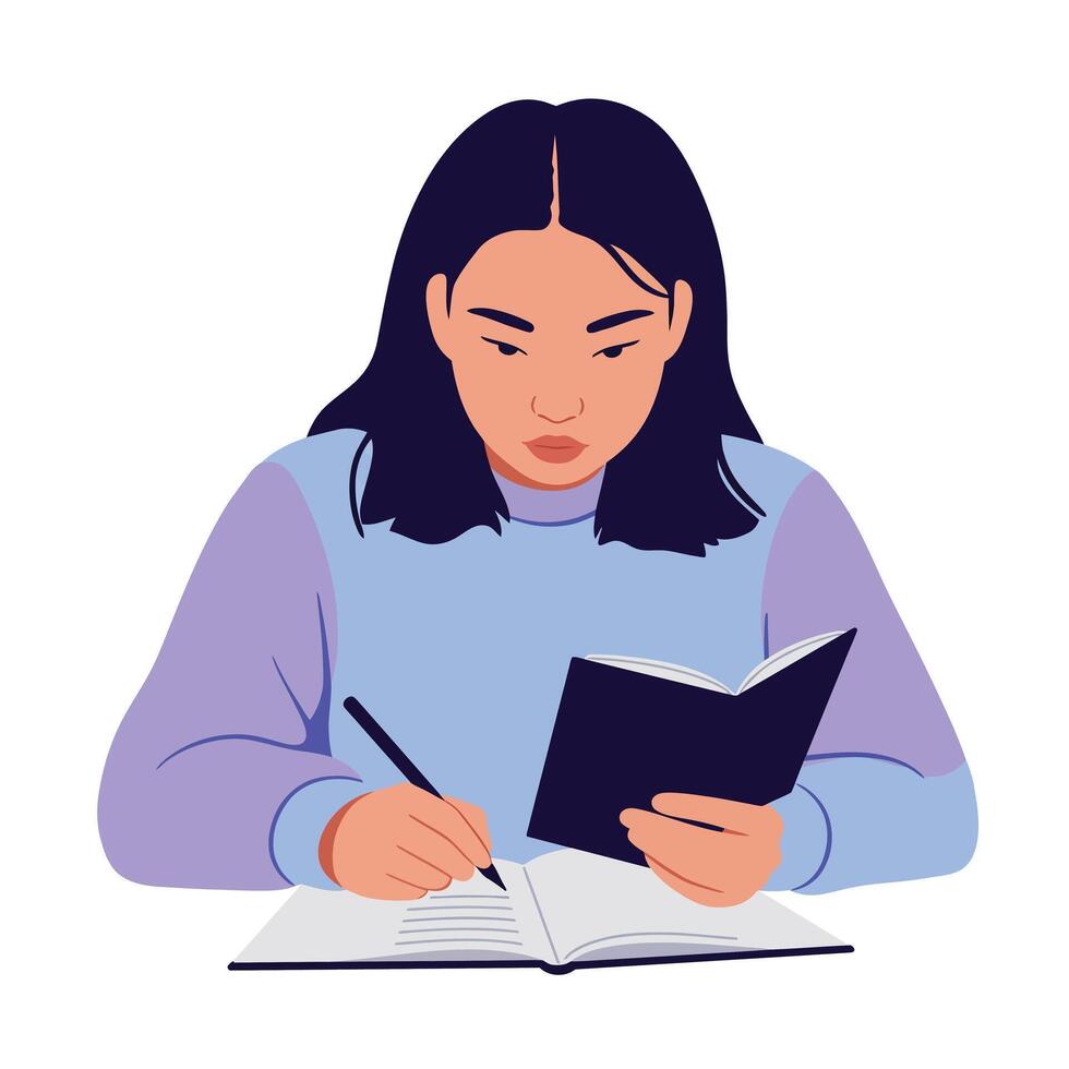 Studying young woman with book and notebook in flat art vector