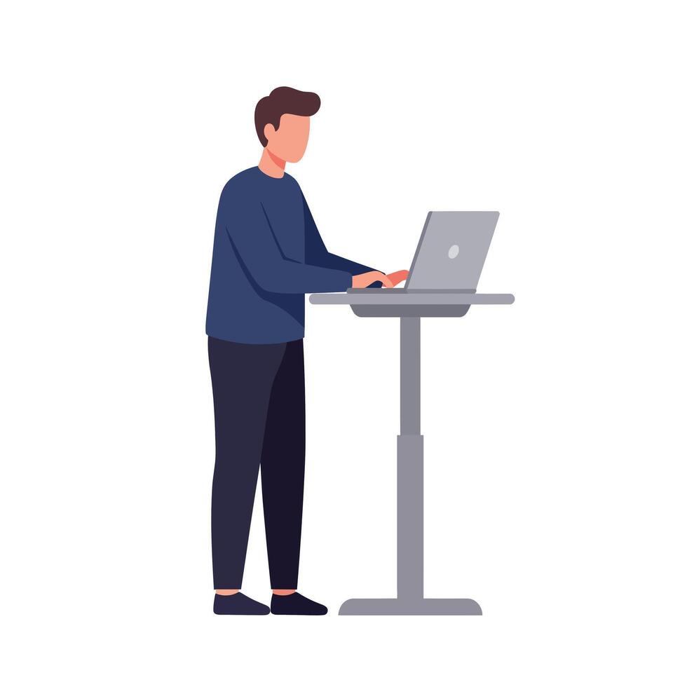 Standing man using laptop at a desk in flat art illustration vector