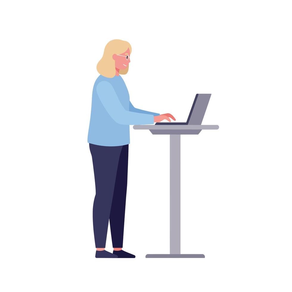 Woman using laptop at standing desk in flat art style design vector
