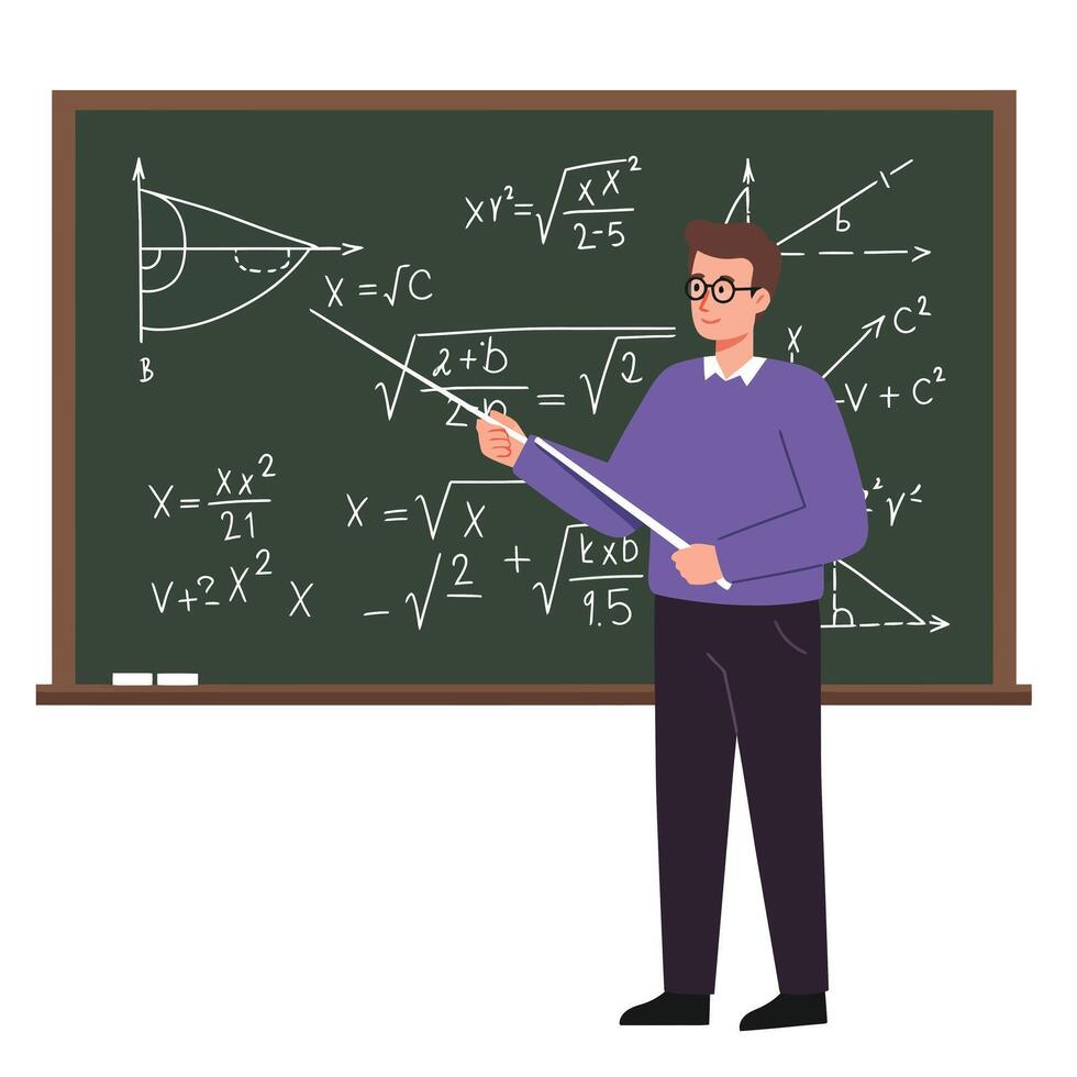 Teacher explaining mathematical concepts with chalkboard in flat art vector