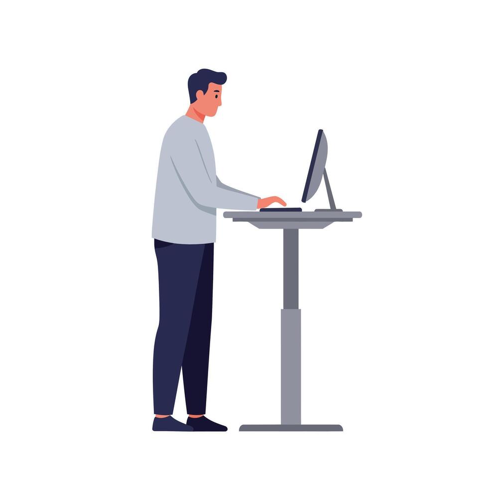 Man using a standing desk while working on computer in minimal illustration vector