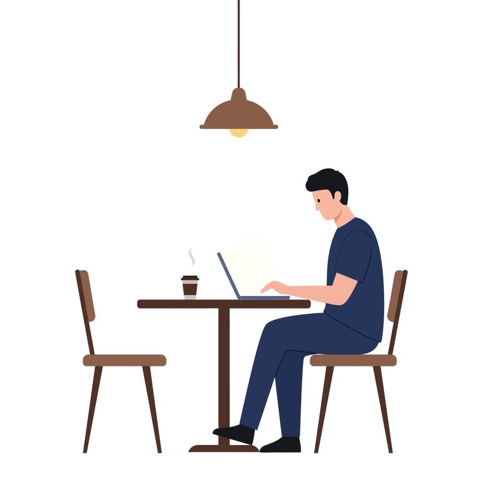 Man working on laptop at table in flat minimal style illustration vector