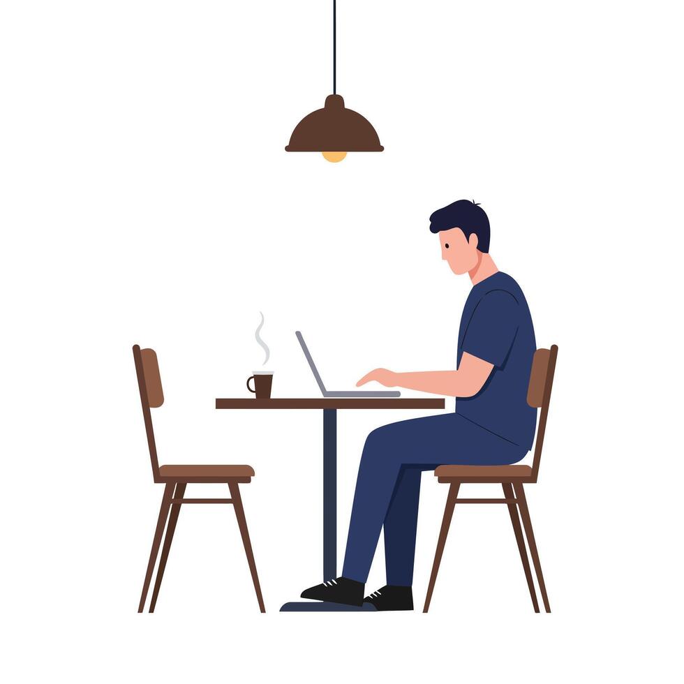 Man working on laptop at table with coffee in flat art vector