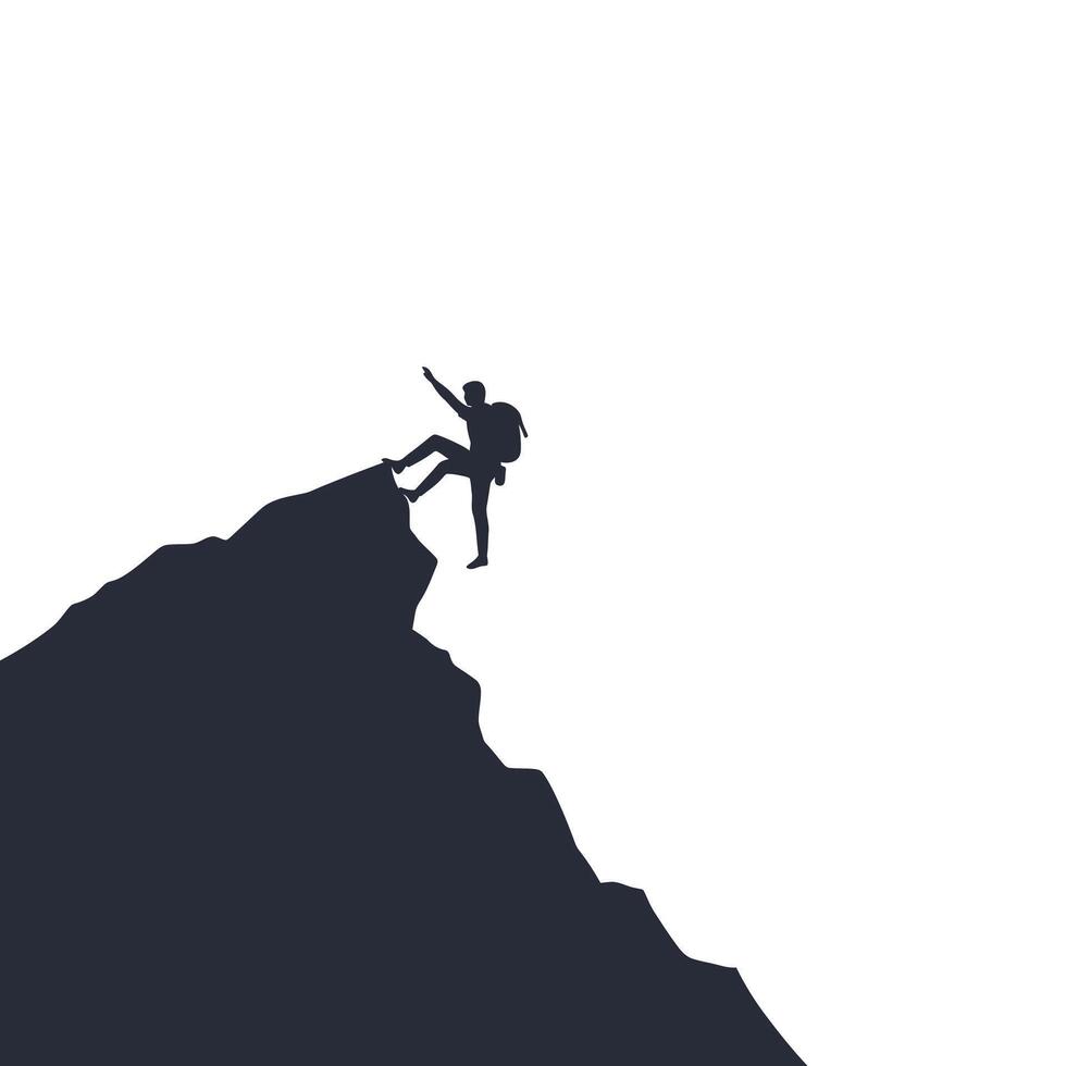 Climber reaching the summit of a mountain in flat illustration vector