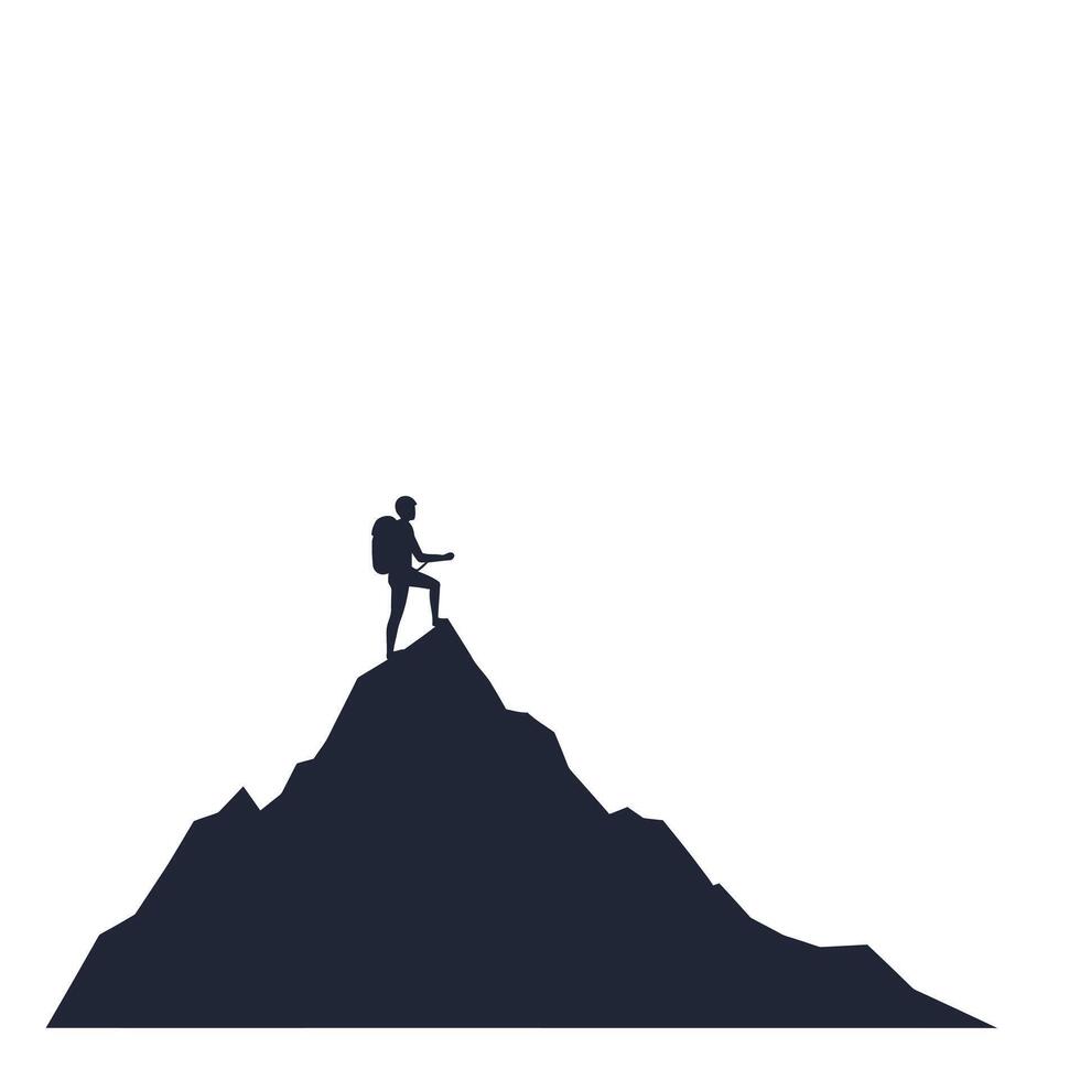 Mountain climber reaching peak with silhouette style in flat design art vector