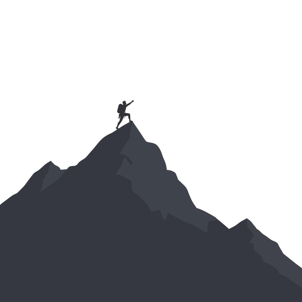 Mountain climber reaching peak in minimalist design style art vector