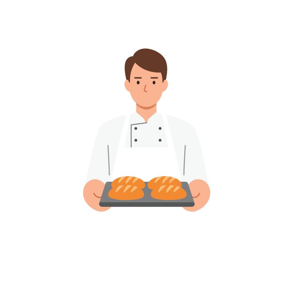 Baker holding freshly baked bread on a tray in minimal art vector