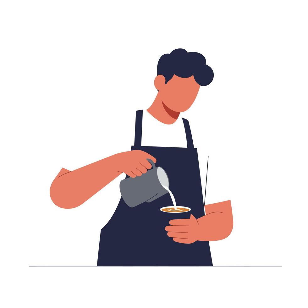 Barista pouring milk into coffee cup in flat art style vector