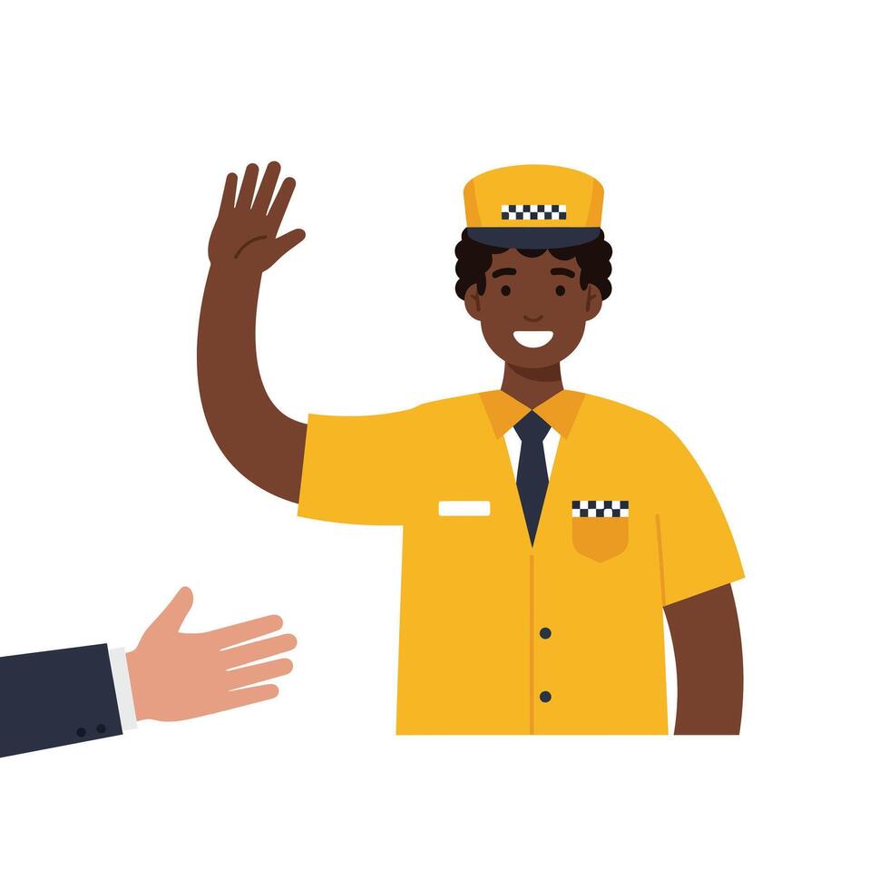 Friendly taxi driver waving in flat style art illustration vector