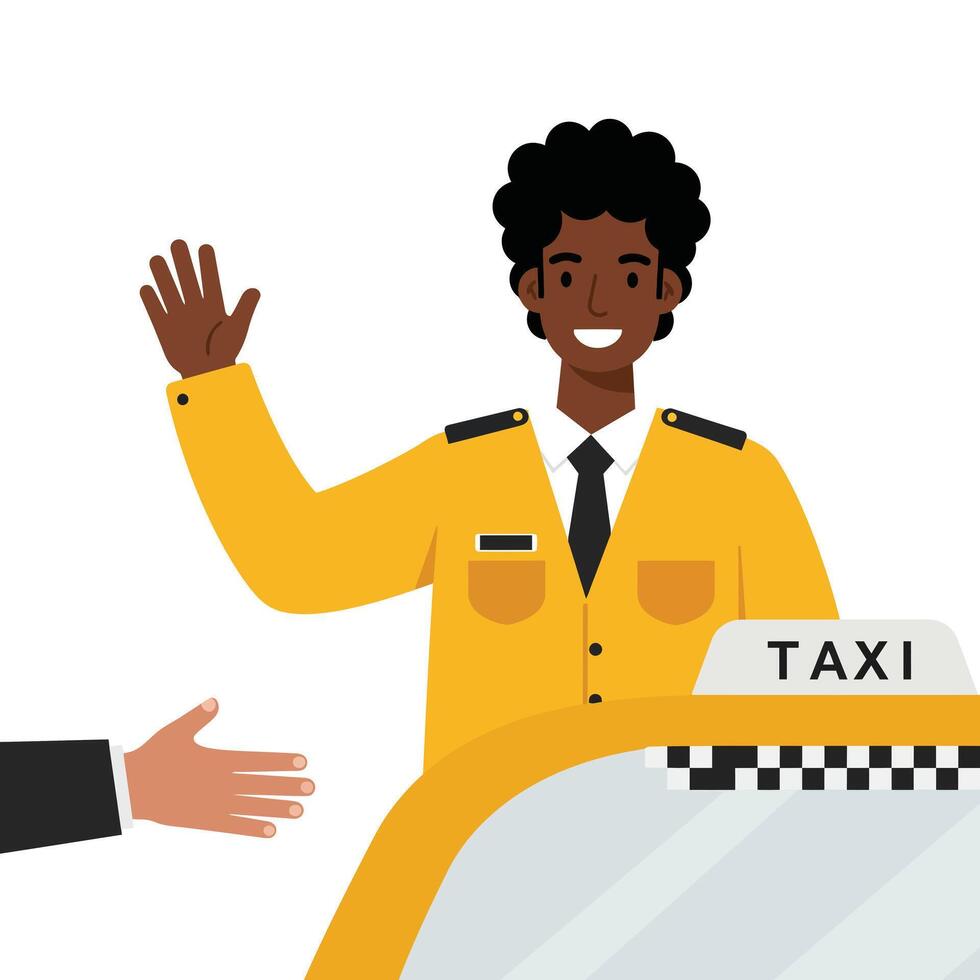 Taxi driver waving from vehicle in flat style illustration vector