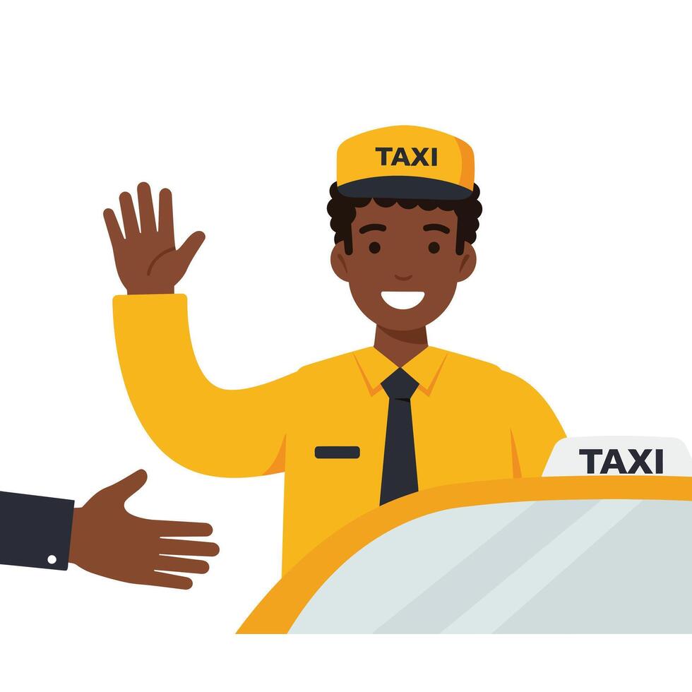Taxi driver greeting passenger in bright, minimal style illustration vector