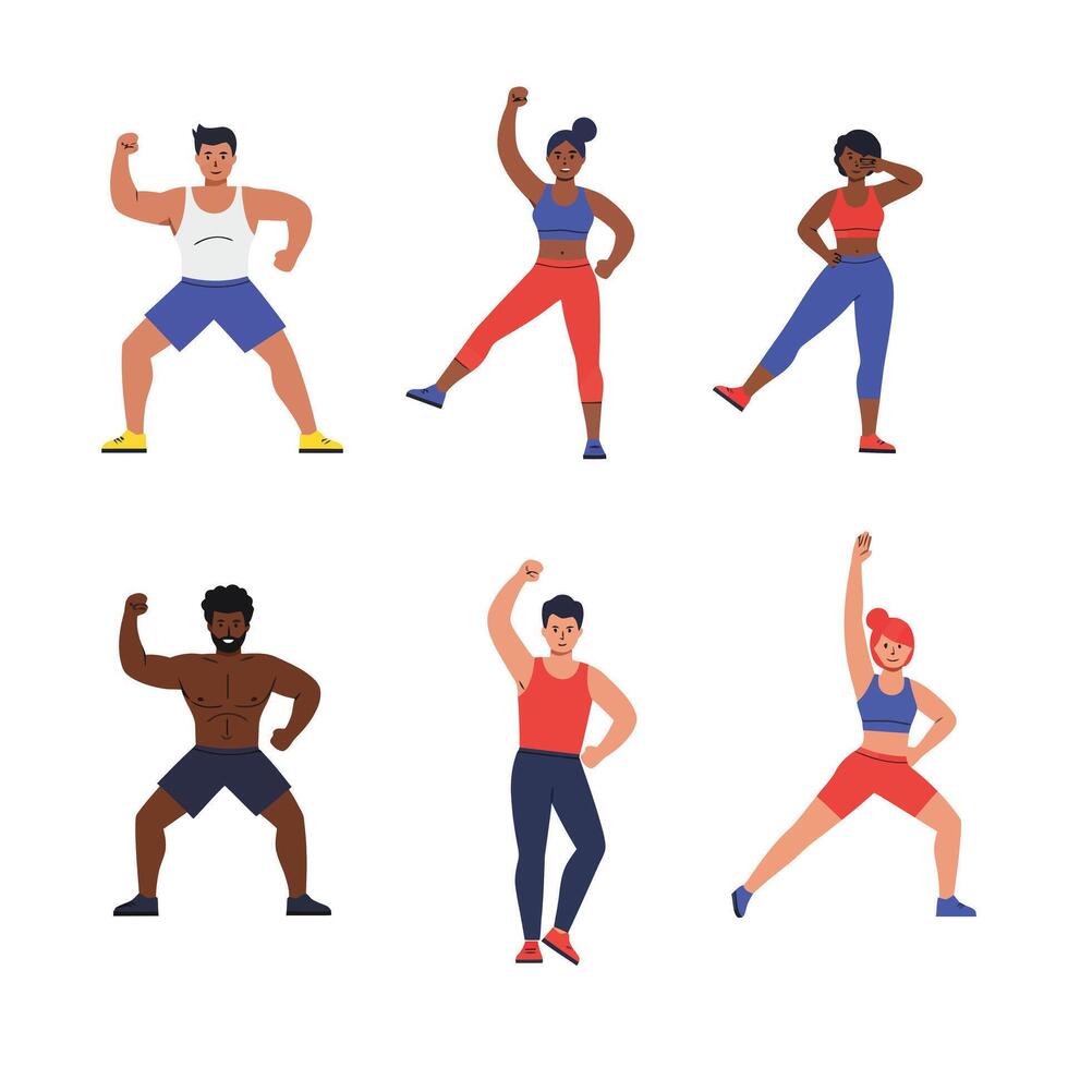 Diverse group of people exercising with energy in flat illustration vector