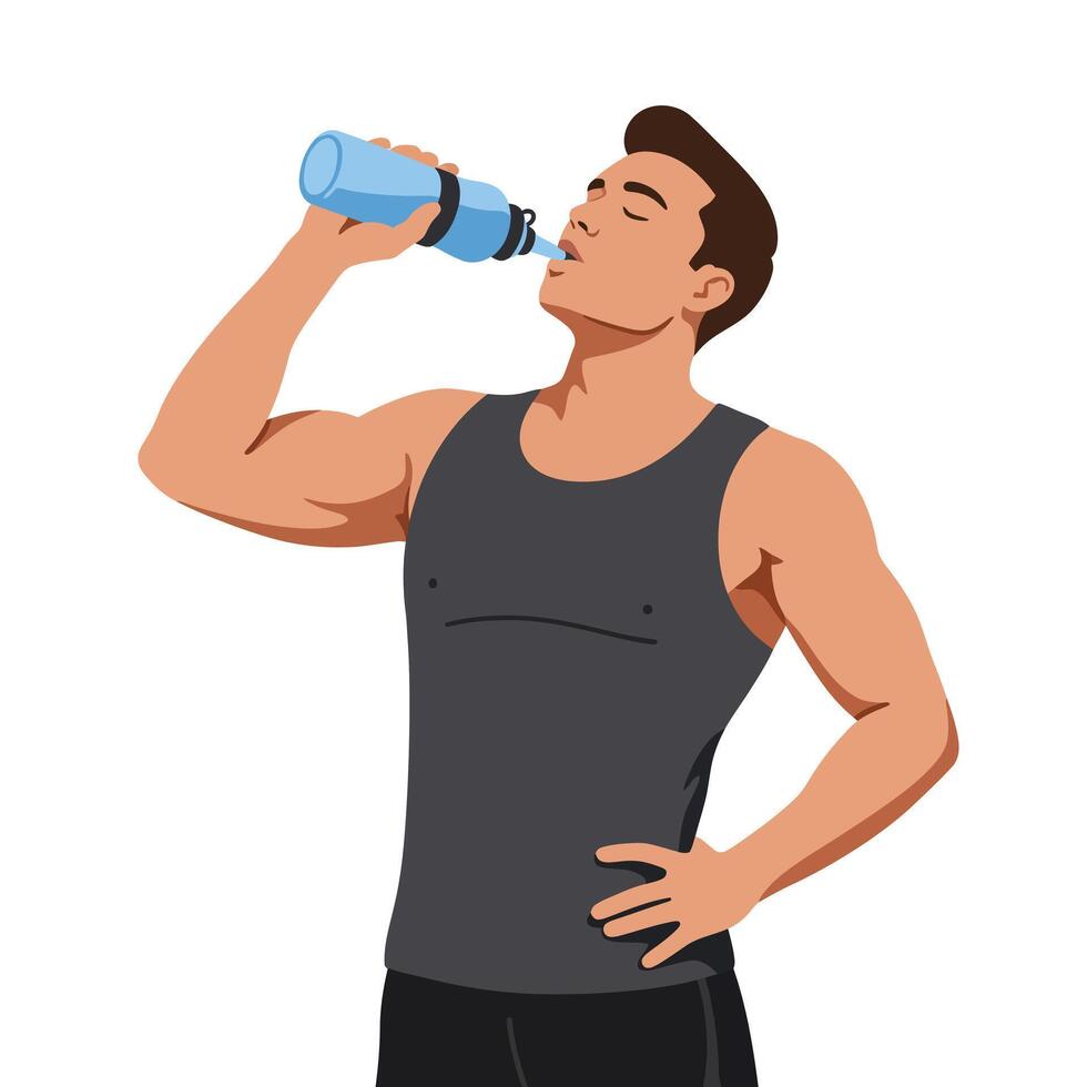 Active man drinking water with fitness bottle in flat art vector