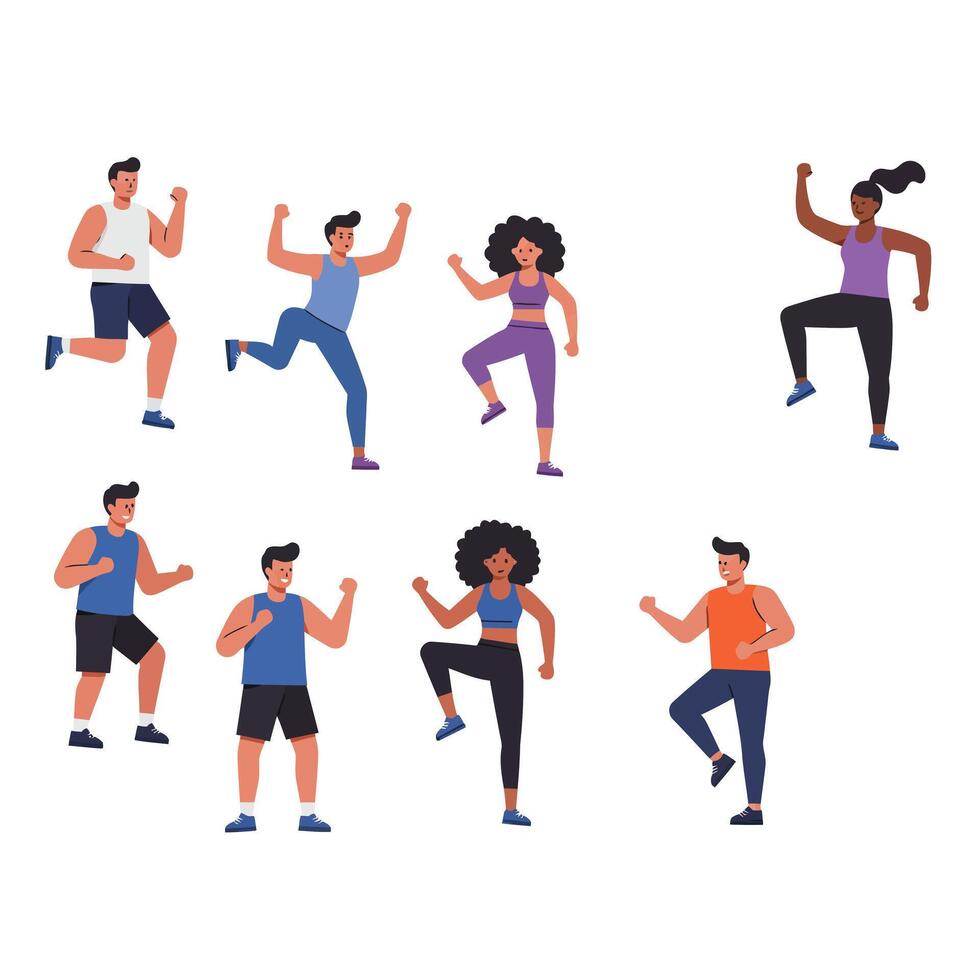Group of diverse people exercising in dynamic poses in flat illustration vector