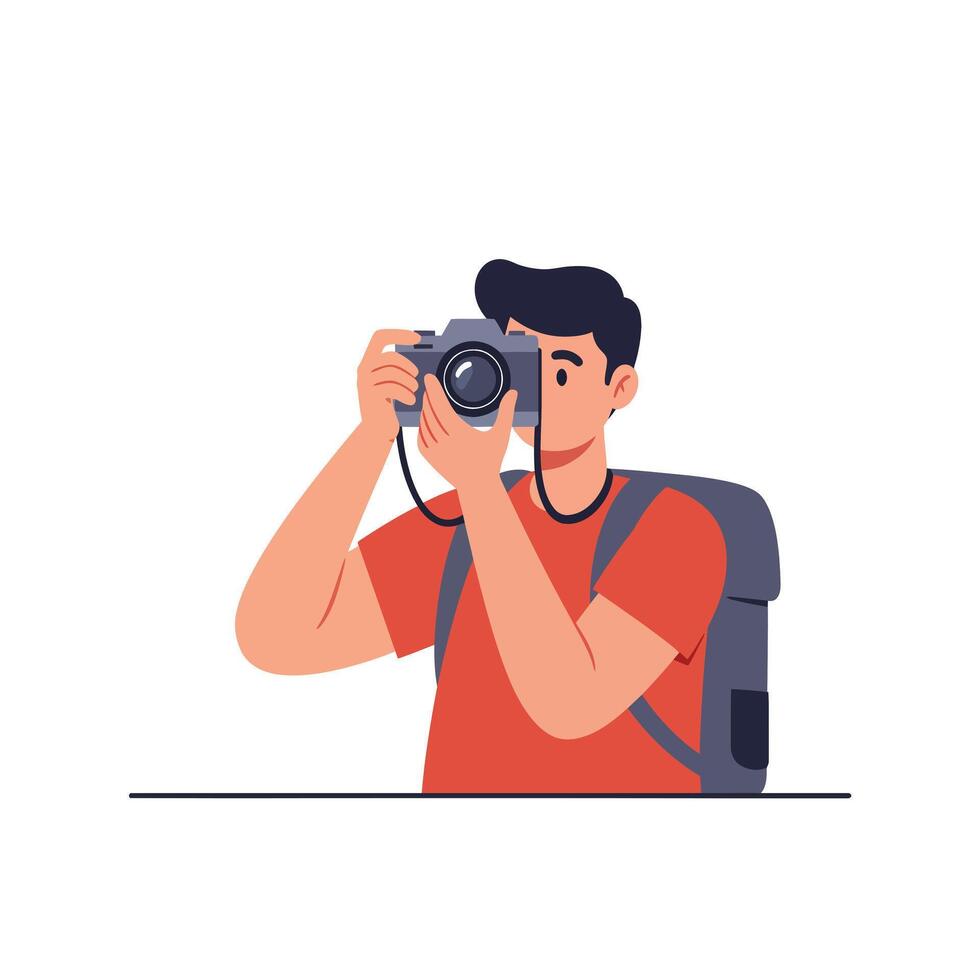 Young man holding a camera in flat art style capturing moments illustration vector