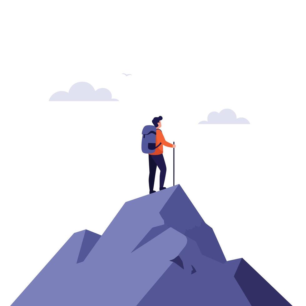 Hiker standing triumphantly on mountain peak in minimal flat art vector