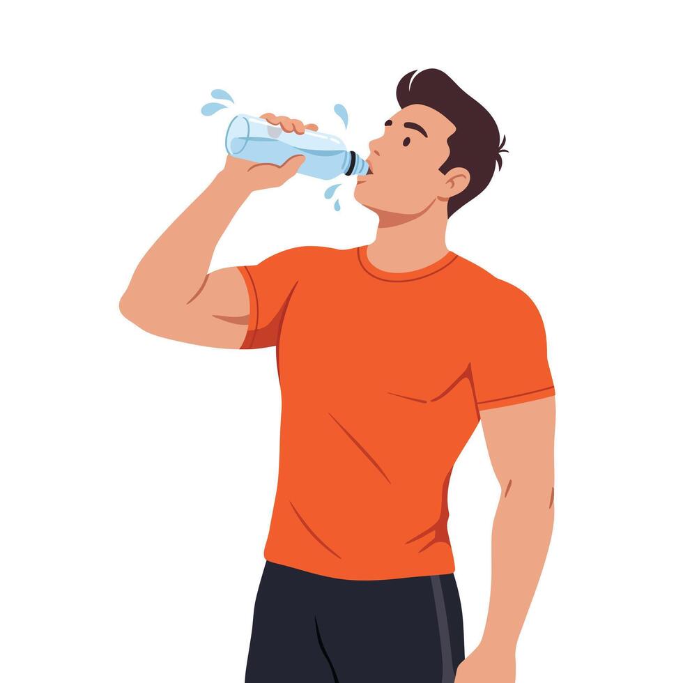 Man drinking water in athletic wear, flat design, healthy lifestyle illustration vector