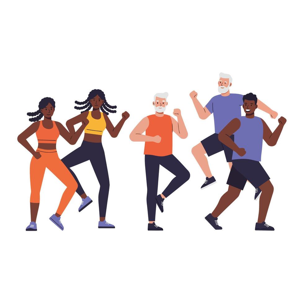Group of diverse people exercising in energetic poses, flat illustration vector