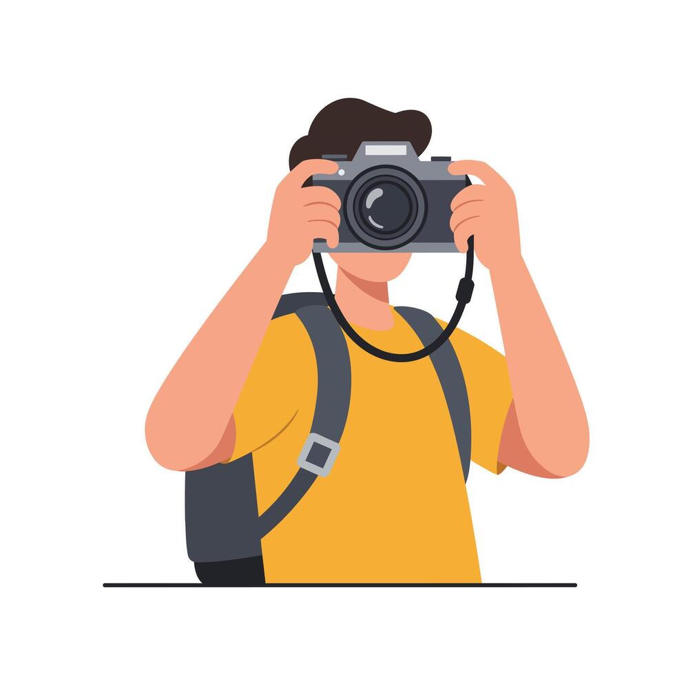 Person holding a camera in a minimal flat design illustration vector