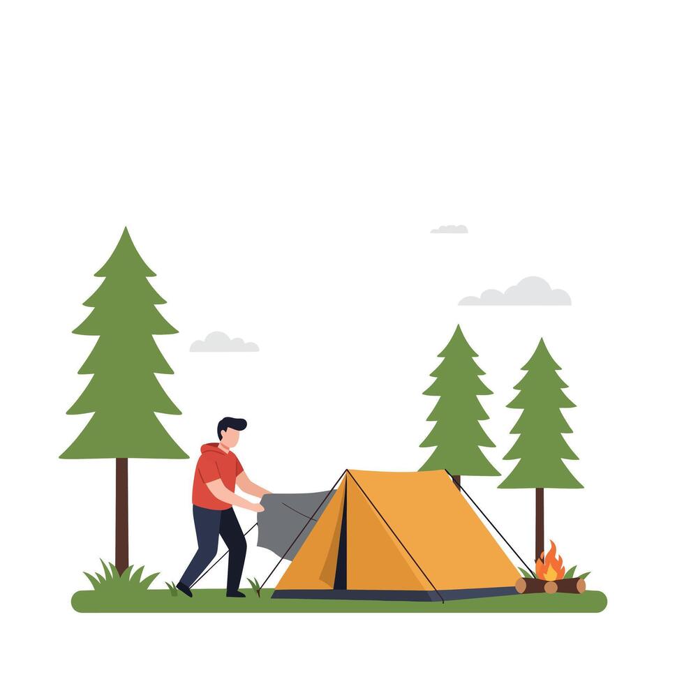 Man setting up a tent in a forest with flat art style illustration vector